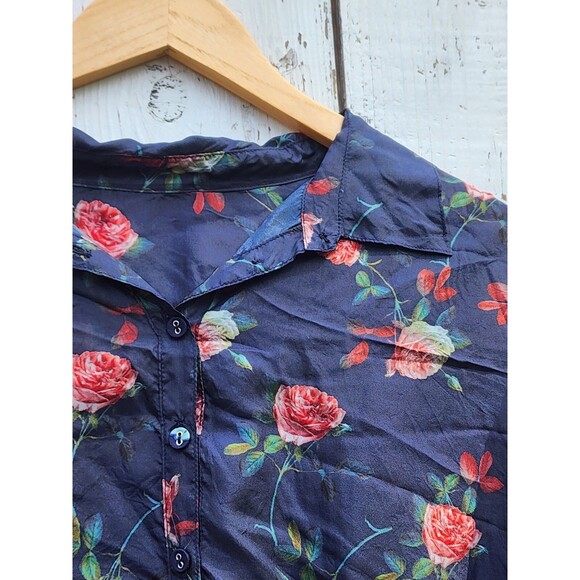 Johnny Was Women Navy Rose Collared Long Sleeve Silk Button Up Shirt L / XL READ - Picture 3 of 4